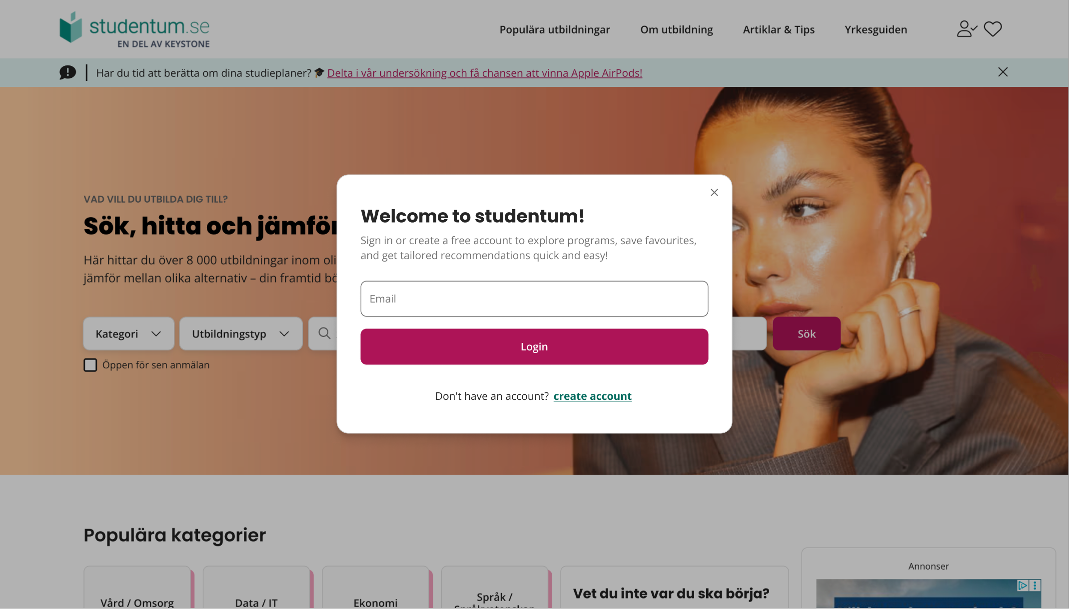 Studentum.se — member access login modal