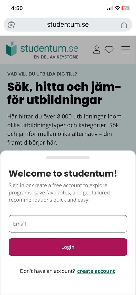 Mobile login bottom sheet — email field with Login CTA