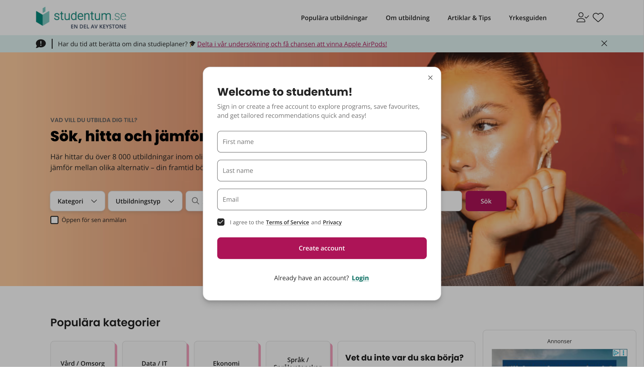 Create account modal — name and email fields for new users
