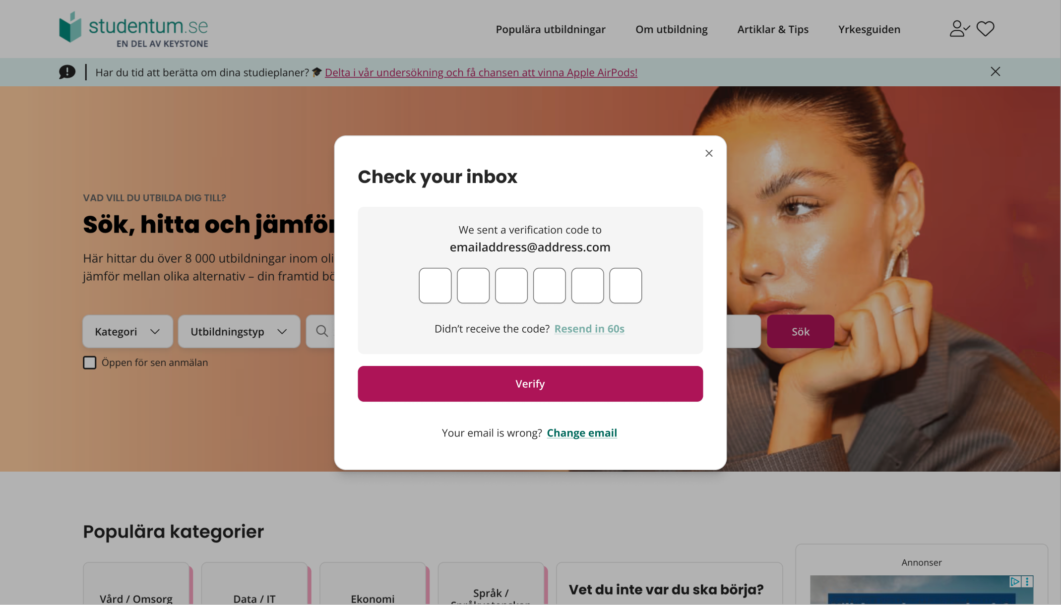 Check your inbox modal — six-digit code entry with resend and change-email options