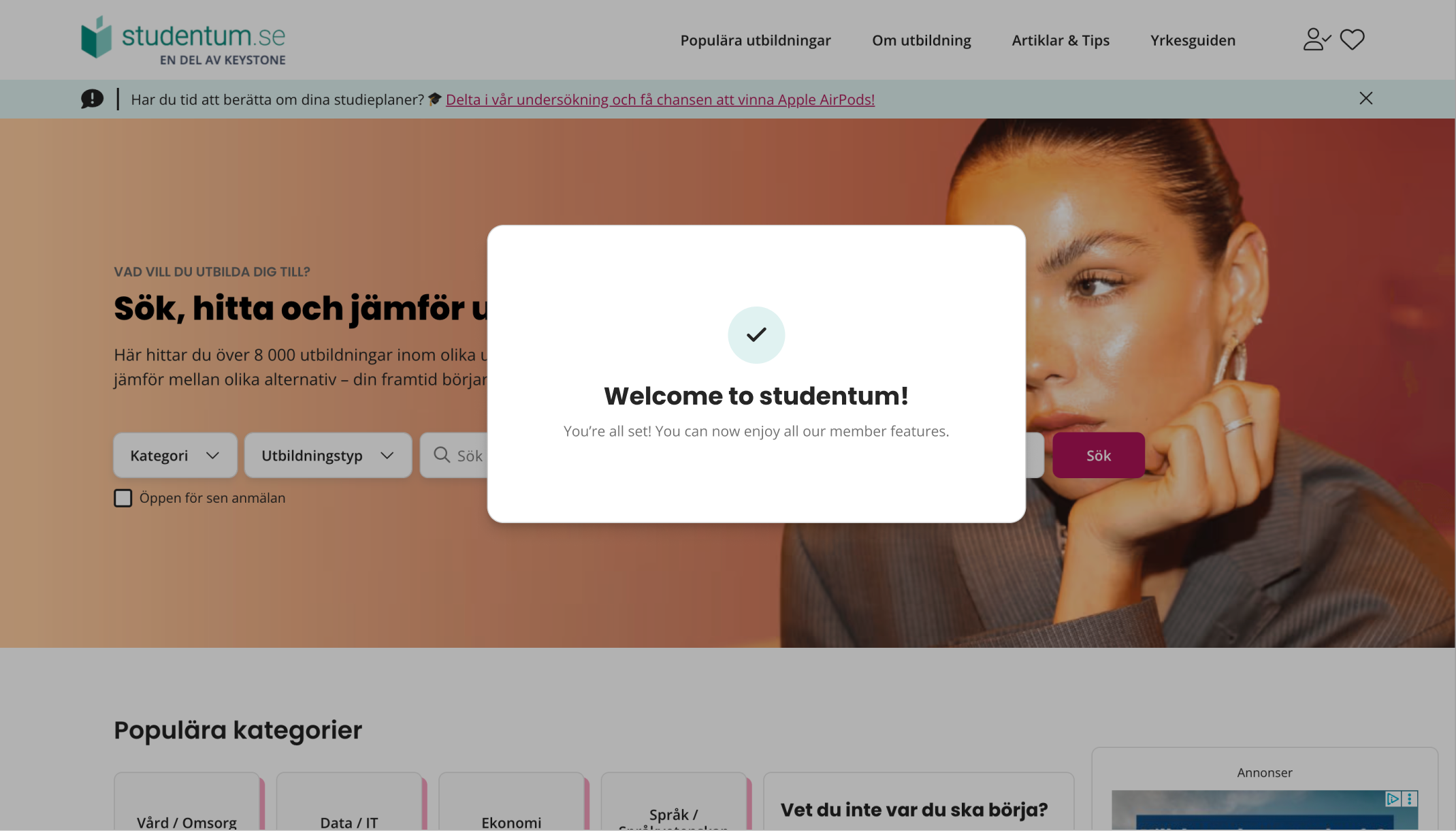 Welcome success modal — confirmation after login or account creation