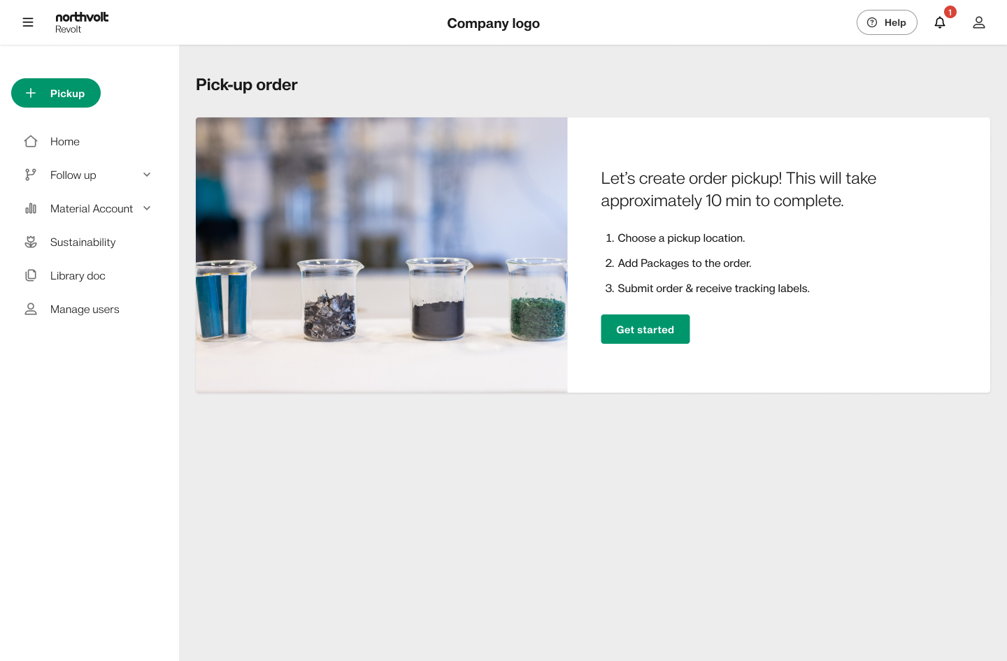 Pick-up order start screen — a guided entry explaining the three steps to create a pick-up, with a battery materials photo