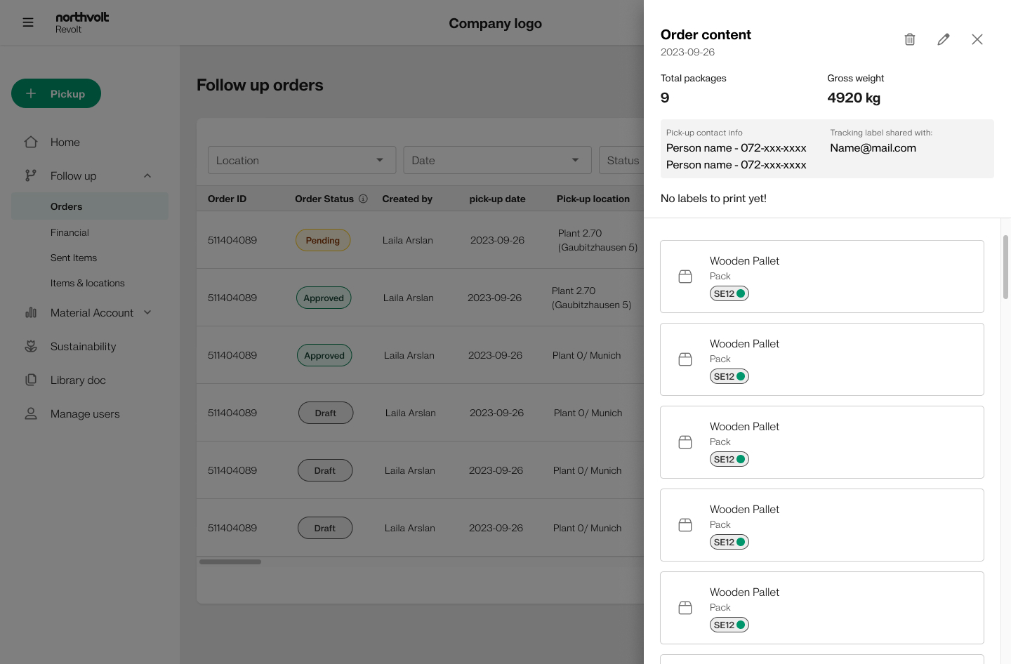 Order content side panel showing total packages, gross weight, contact info and a list of packages with locations